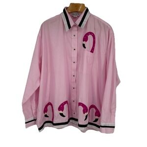 Vintage‎ Shane Lee Womens Novelty Button Up Top 2X Pink Flamingos Ribbon Resort